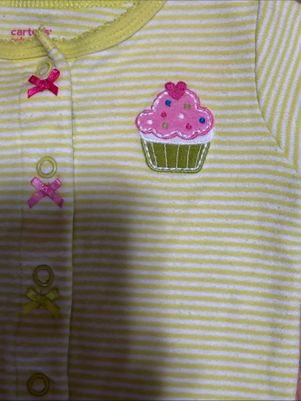 Carter's Yellow Striped Footed One-Piece with Pink Cupcake Applique Size 3 Mont